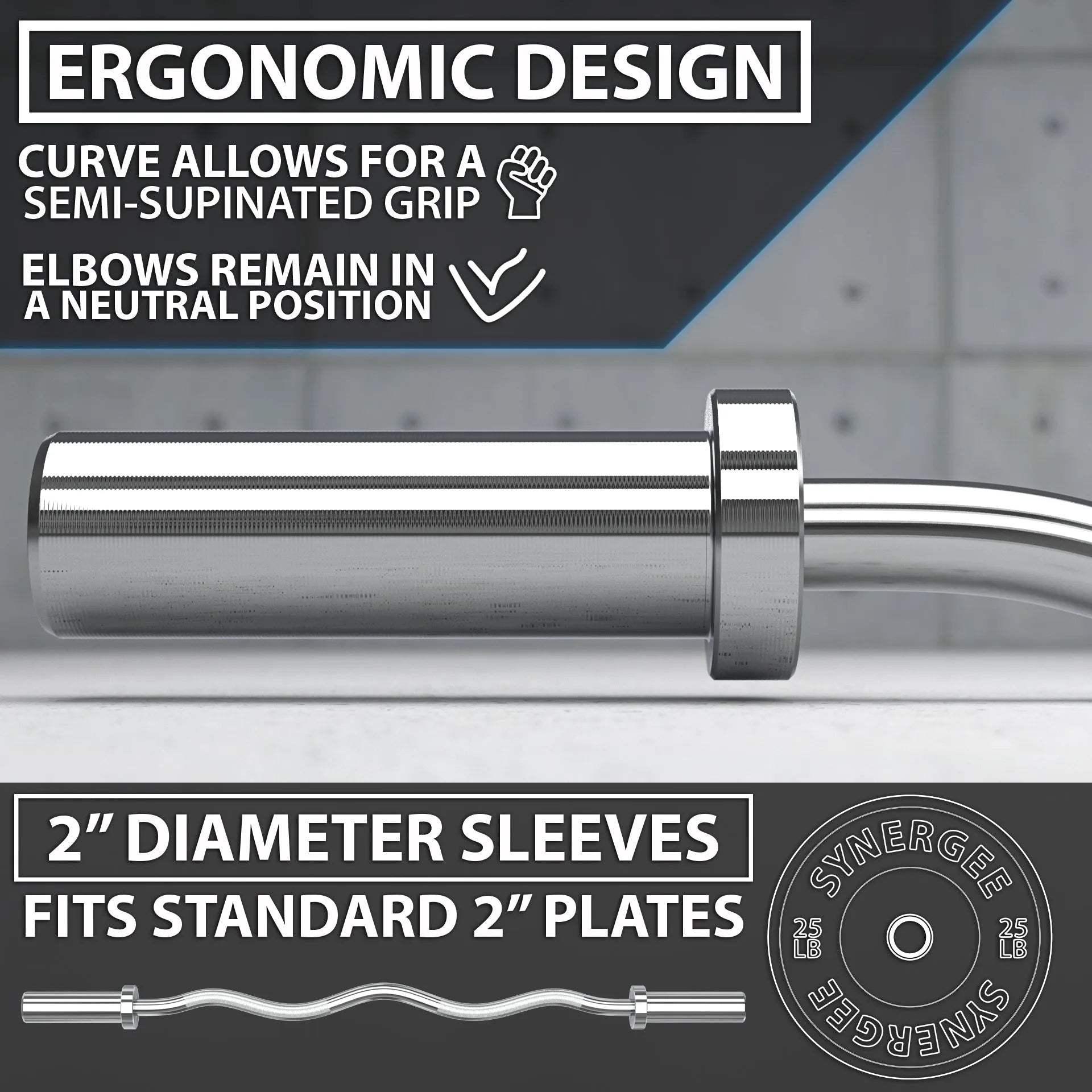 Chrome EZ curl bar with curved grip and 2-inch diameter sleeves for standard weight plates. Ergonomic design features knurled grip section and angled ends to keep elbows in neutral position during exercises.