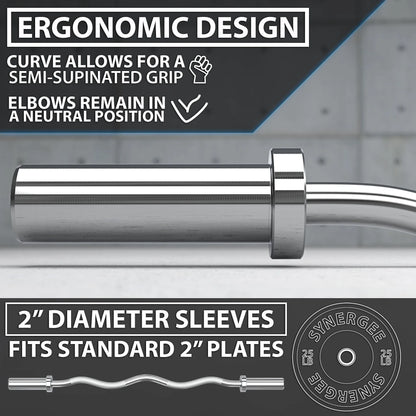 Chrome EZ curl bar with curved grip and 2-inch diameter sleeves for standard weight plates. Ergonomic design features knurled grip section and angled ends to keep elbows in neutral position during exercises.