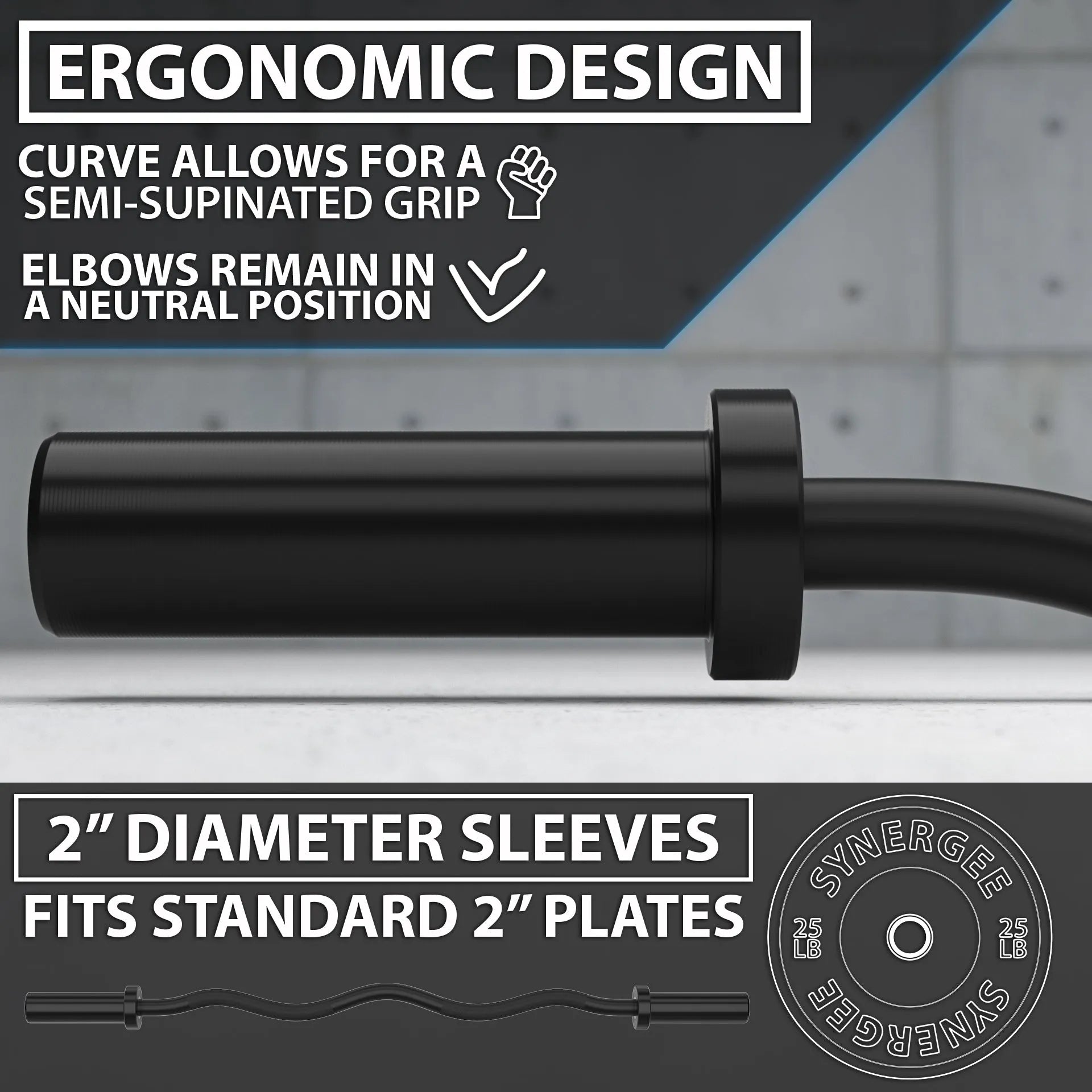 Black curved barbell with ergonomic grip design and 2-inch diameter sleeves for standard weight plates. The curved handle allows for semi-supinated grip positioning with elbows maintained in a neutral position.