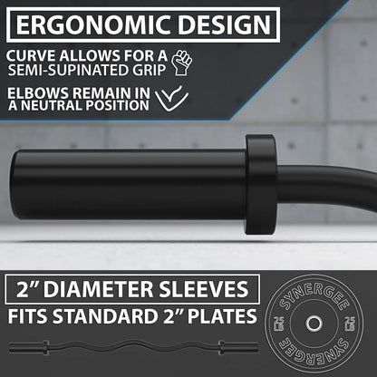 Black curved barbell with ergonomic grip design and 2-inch diameter sleeves for standard weight plates. The curved handle allows for semi-supinated grip positioning with elbows maintained in a neutral position.