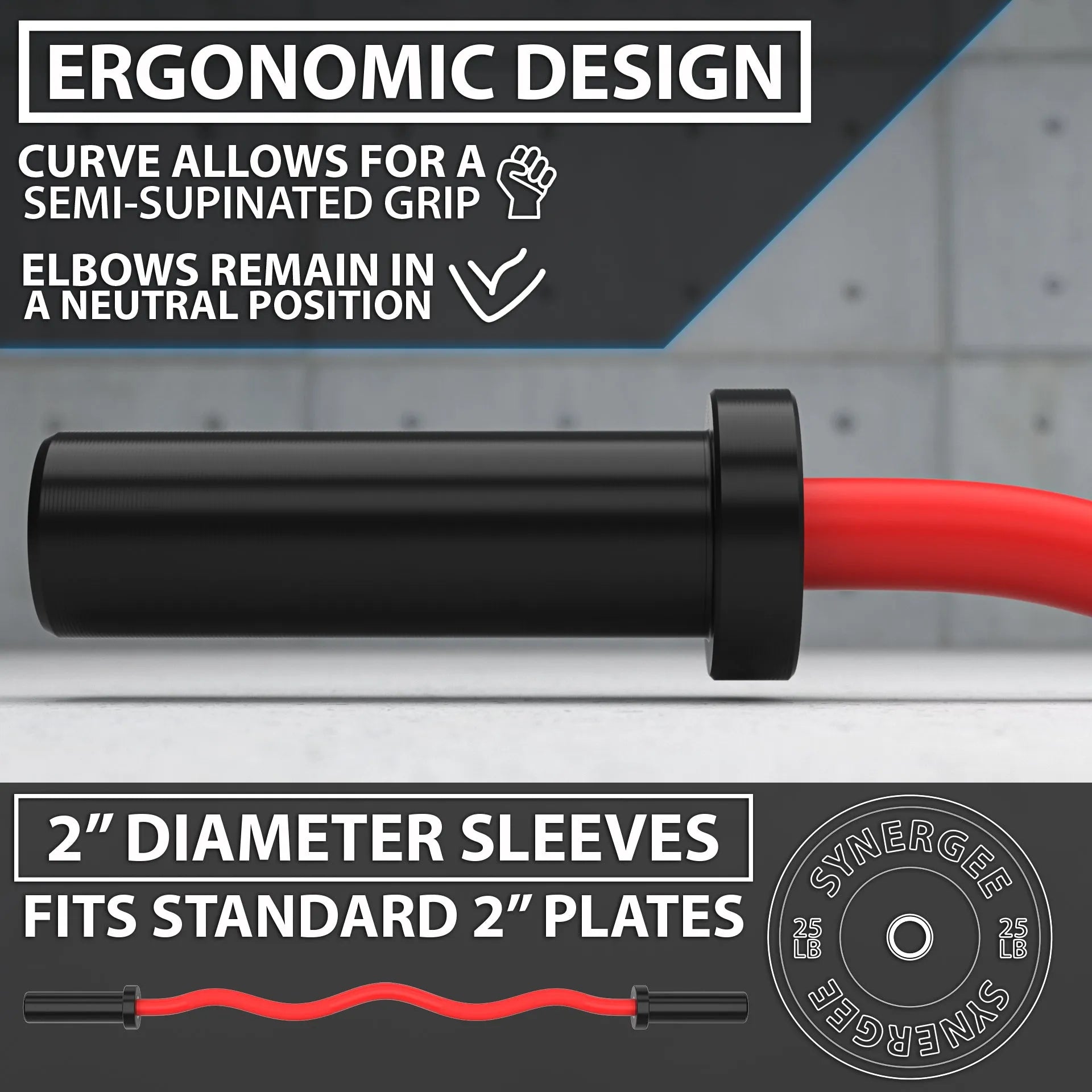 Black and red EZ curl bar with curved grip design and 2-inch diameter sleeves for standard weight plates. Ergonomic handle reduces wrist strain during barbell exercises.
