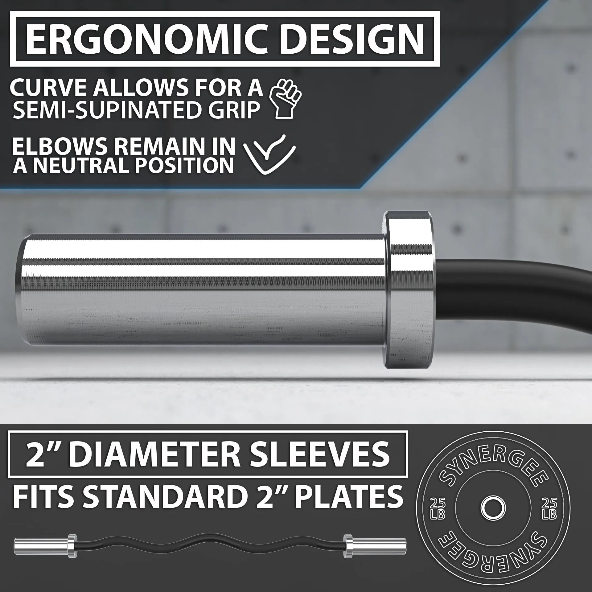 Polished steel EZ curl bar with curved grip design and 2-inch diameter sleeves, featuring textured knurling on the handle and black end caps.