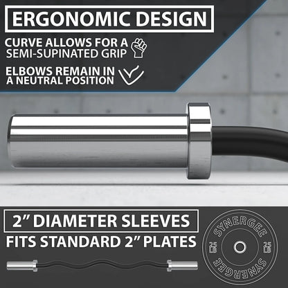 Polished steel EZ curl bar with curved grip design and 2-inch diameter sleeves, featuring textured knurling on the handle and black end caps.