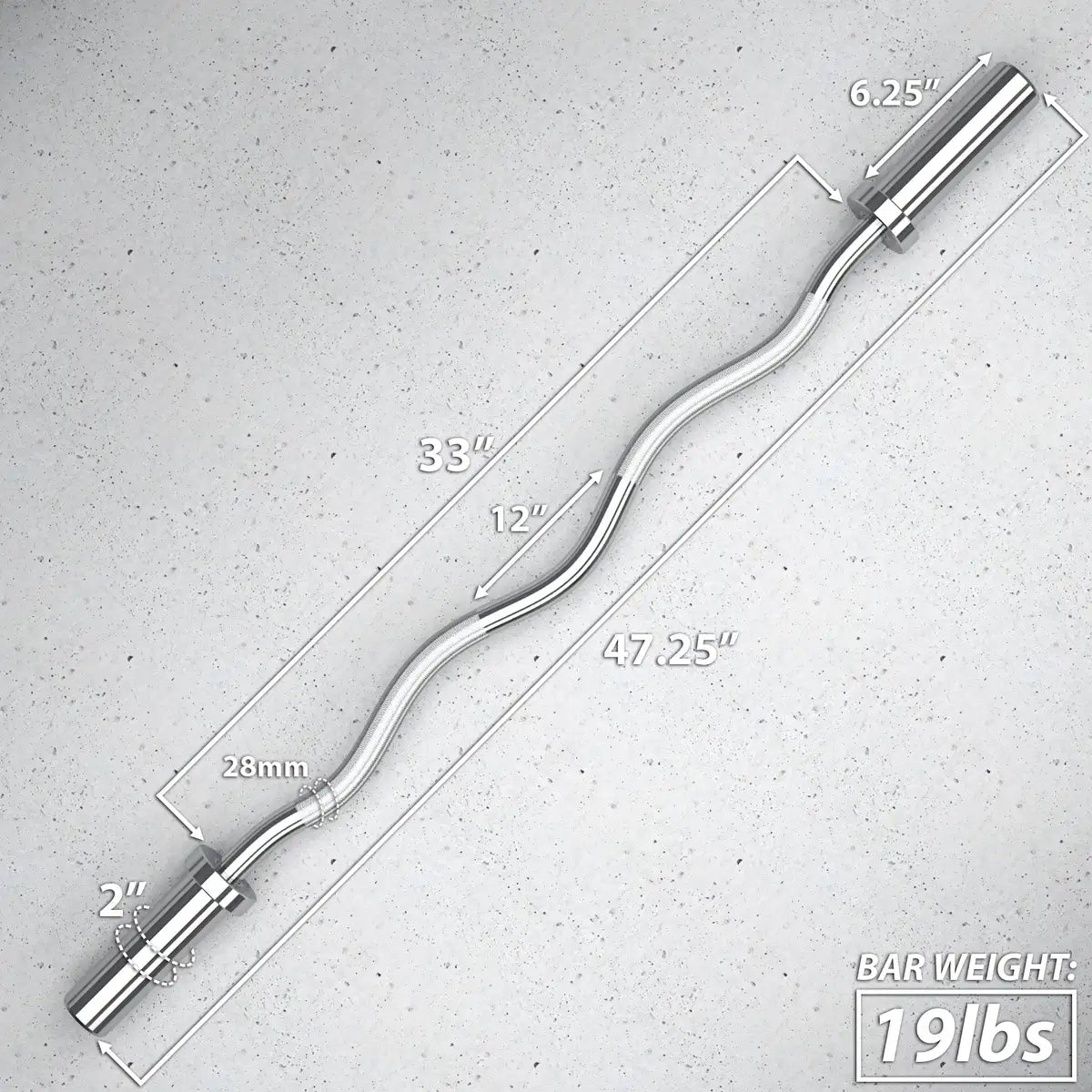 Chrome EZ curl bar with 28mm grip diameter, measuring 47.25 inches total length and weighing 19 lbs, displayed against concrete background with dimension callouts.