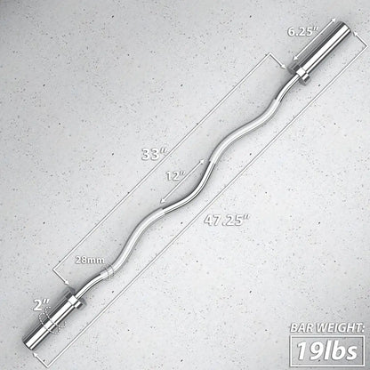 Chrome EZ curl bar with 28mm grip diameter, measuring 47.25 inches total length and weighing 19 lbs, displayed against concrete background with dimension callouts.