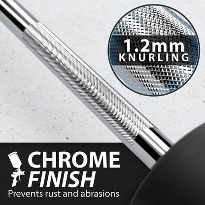 Chrome barbell with 1.2mm knurled grip detail shown in magnified circular callout. Black end caps and textured silver handle for secure hand placement.