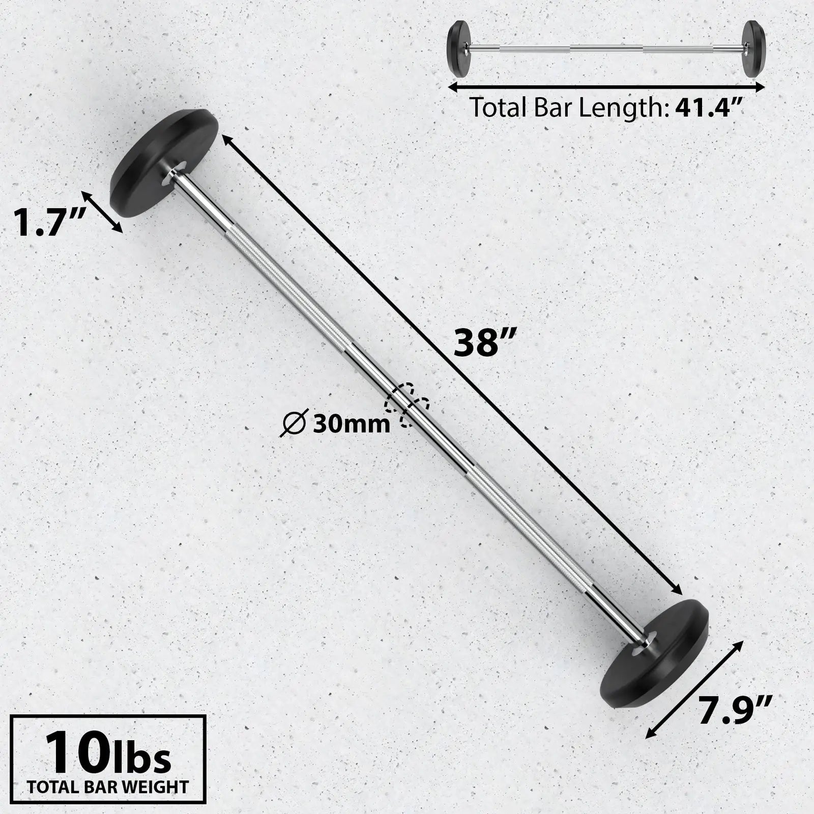 Chrome barbell with fixed black weight plates on each end, 30mm diameter shaft, 41.4 inches total length, weighing 10 lbs.