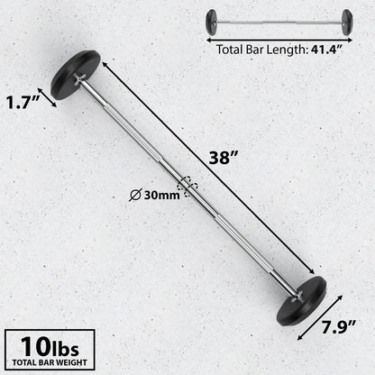 Chrome barbell with fixed black weight plates on each end, 30mm diameter shaft, 41.4 inches total length, weighing 10 lbs.