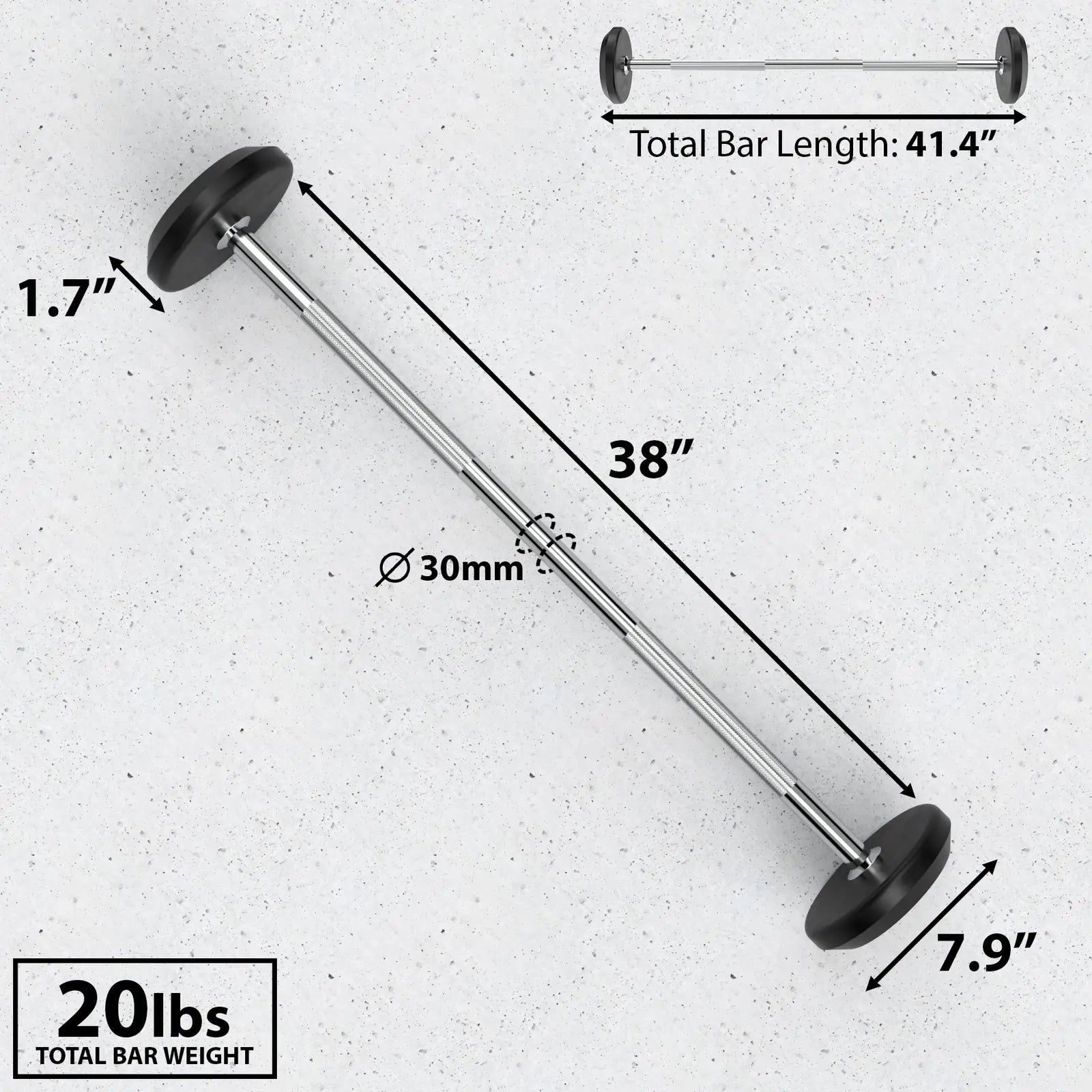 Chrome fixed barbell with black rubber end caps on a concrete background, labeled with total bar length 41.4 inches, 30mm diameter shaft, and 20lbs total weight.