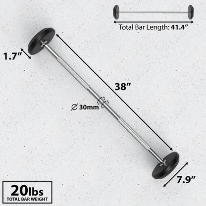 Chrome fixed barbell with black rubber end caps on a concrete background, labeled with total bar length 41.4 inches, 30mm diameter shaft, and 20lbs total weight.