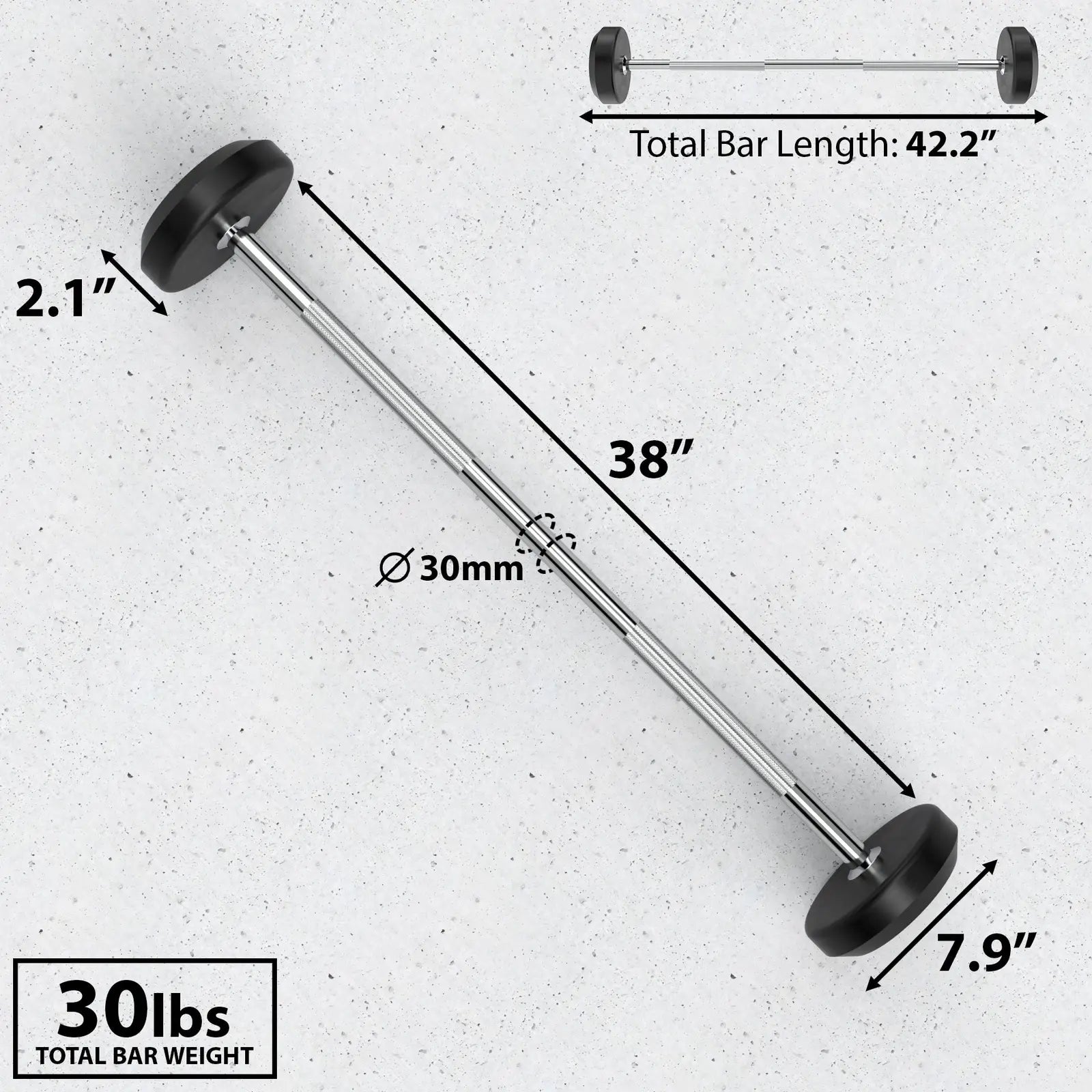 Fixed barbell with 30mm diameter chrome shaft, black rubber plates, and black grip collars on concrete background. Labeled dimensions show 42.2" total bar length, 38" sleeve length, 2.1" plate thickness, 7.9" plate diameter, and 30 lbs total weight.