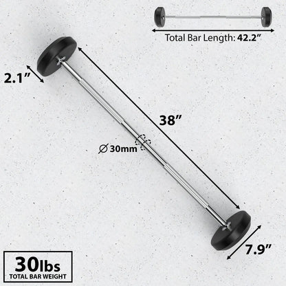 Fixed barbell with 30mm diameter chrome shaft, black rubber plates, and black grip collars on concrete background. Labeled dimensions show 42.2" total bar length, 38" sleeve length, 2.1" plate thickness, 7.9" plate diameter, and 30 lbs total weight.