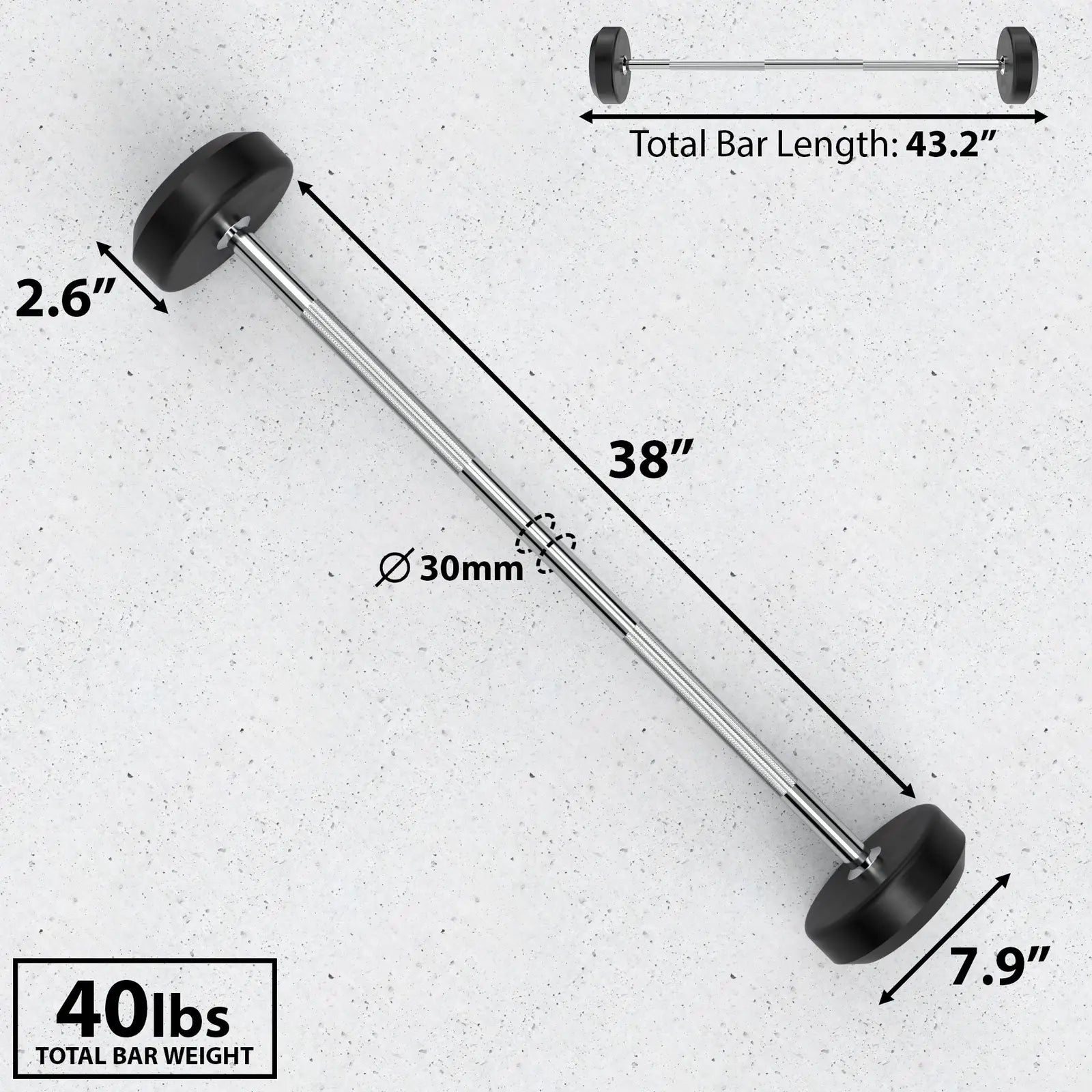 Fixed barbell with 30mm diameter chrome shaft, black rubber plates on each end, and labeled dimensions showing 43.2" total bar length, 38" sleeve length, 2.6" plate diameter, and 7.9" plate width. Total bar weight is 40 lbs.