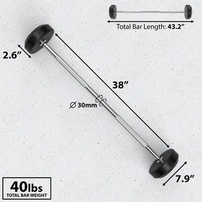 Fixed barbell with 30mm diameter chrome shaft, black rubber plates on each end, and labeled dimensions showing 43.2" total bar length, 38" sleeve length, 2.6" plate diameter, and 7.9" plate width. Total bar weight is 40 lbs.