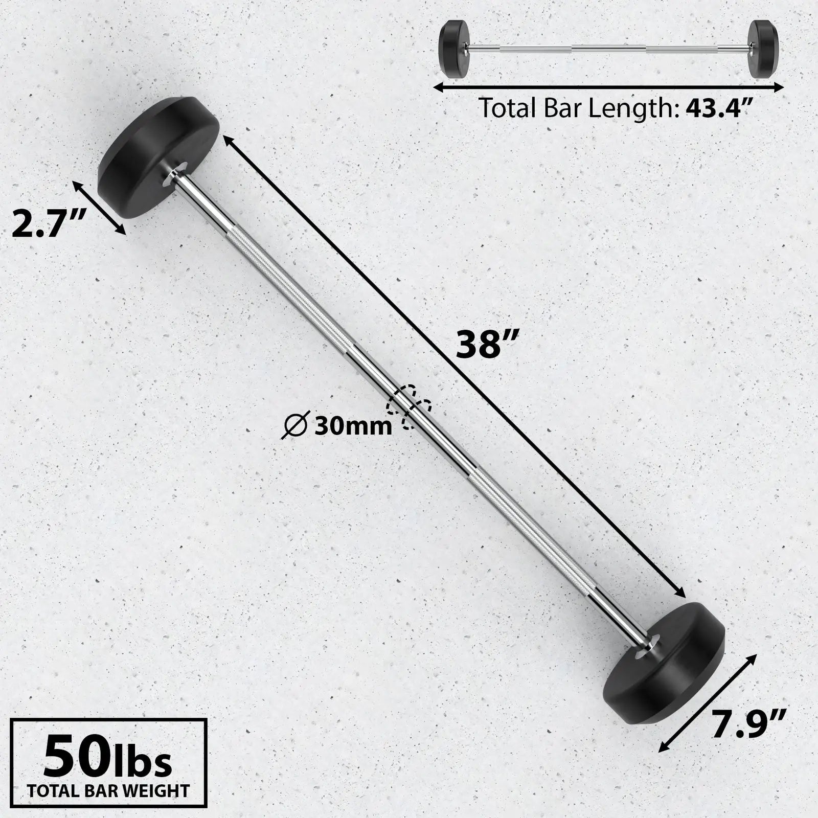 Fixed barbell with black rubber plates on each end and chrome steel shaft, 30mm diameter, 43.4 inches total length, labeled 50lbs total weight with dimension callouts.