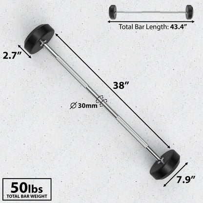Fixed barbell with black rubber plates on each end and chrome steel shaft, 30mm diameter, 43.4 inches total length, labeled 50lbs total weight with dimension callouts.