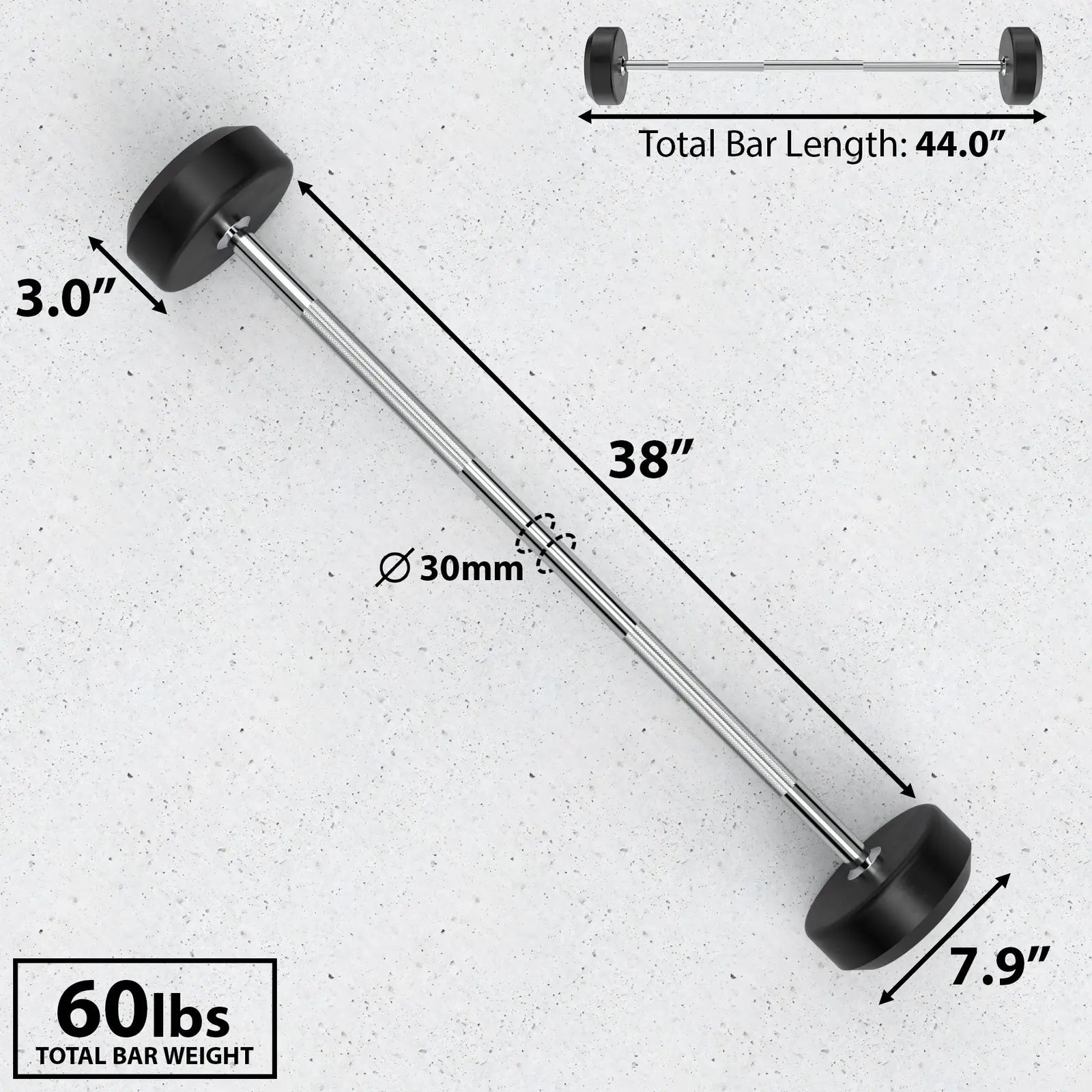 Fixed barbell with 30mm diameter chrome shaft, black rubber end caps, and a total weight of 60 lbs. Bar length measures 44.0 inches total with 38 inches of usable lift space.