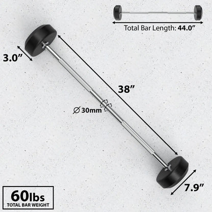 Fixed barbell with 30mm diameter chrome shaft, black rubber end caps, and a total weight of 60 lbs. Bar length measures 44.0 inches total with 38 inches of usable lift space.