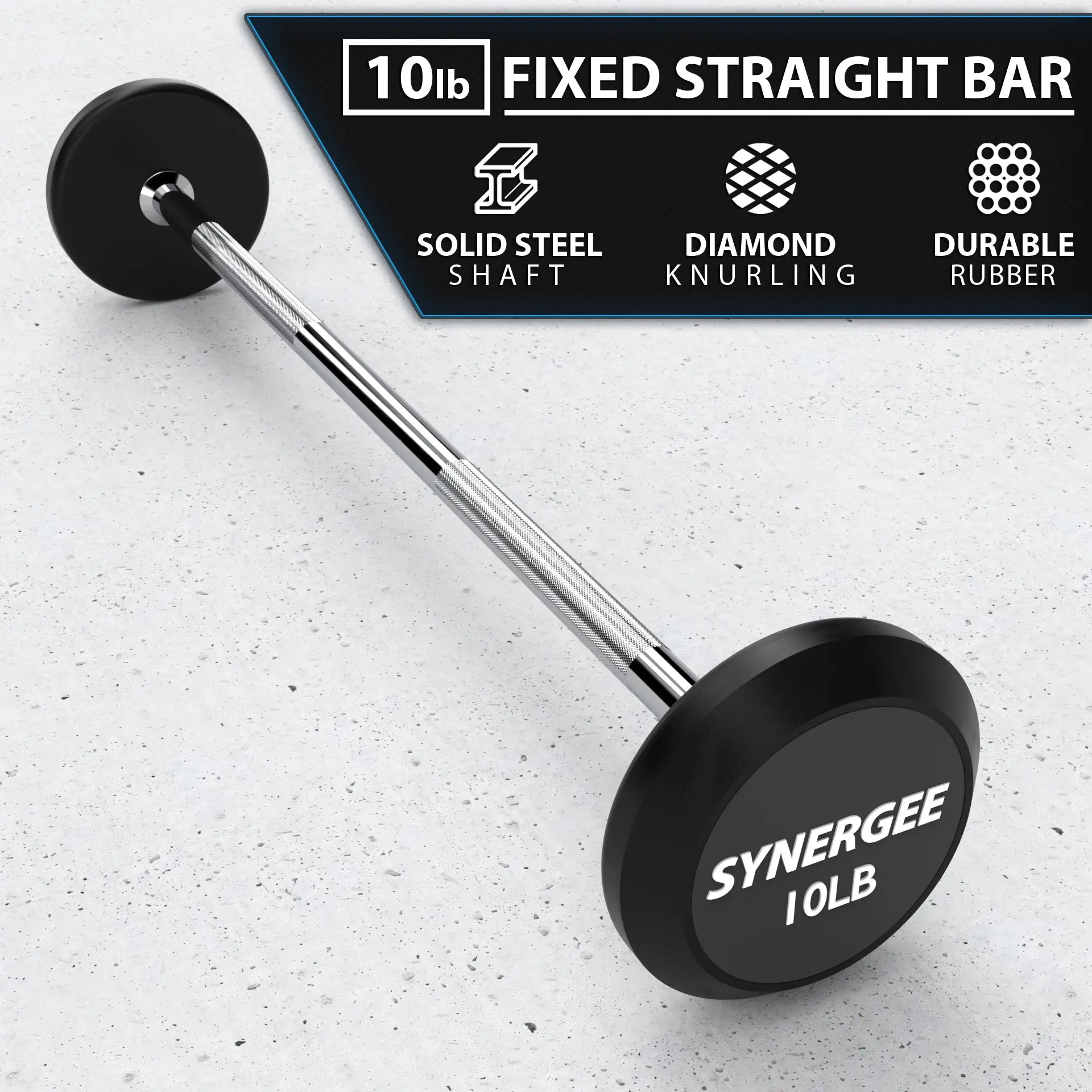 10lb fixed straight barbell with black rubber plates on each end and a chrome solid steel shaft featuring diamond knurling grip.