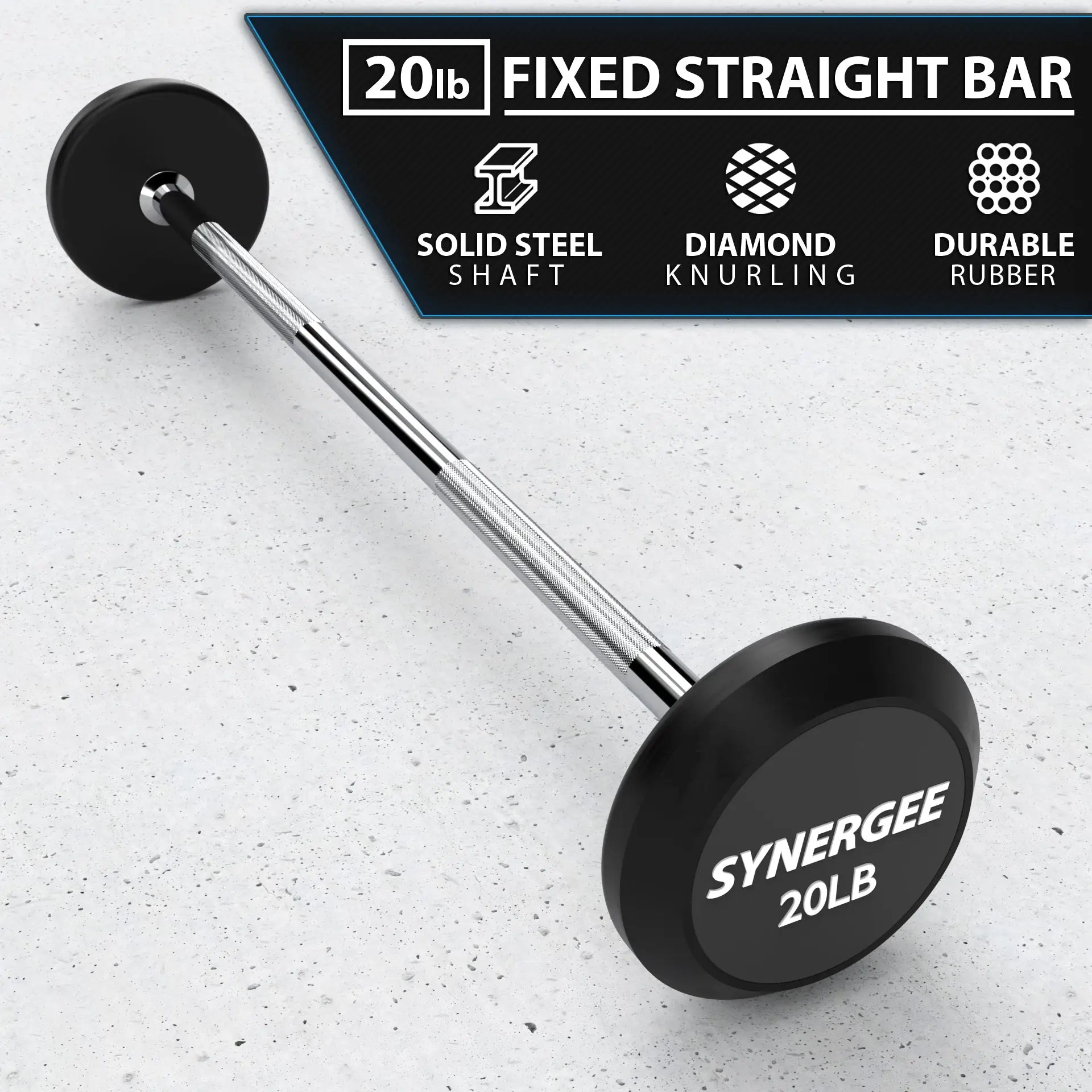 20lb fixed straight barbell with black rubber plates on each end and a chrome steel shaft, displayed diagonally on a speckled gray background.