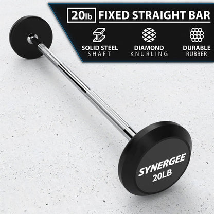 20lb fixed straight barbell with black rubber plates on each end and a chrome steel shaft, displayed diagonally on a speckled gray background.