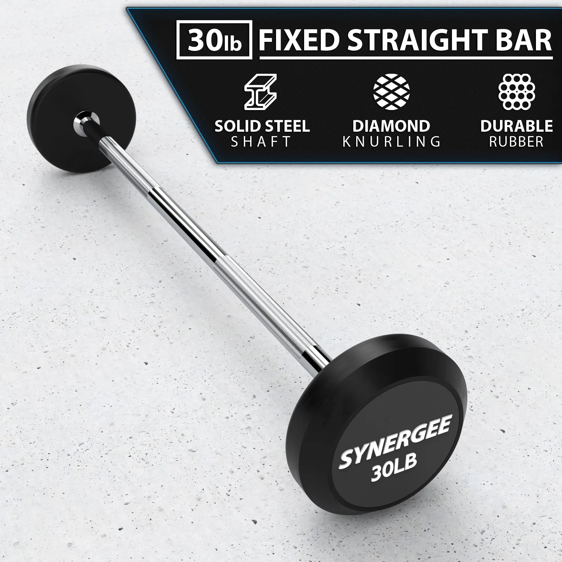 30lb fixed straight barbell with black rubber plates and solid steel shaft on white speckled surface. Product labeled "Synergee 30LB" with feature callouts for diamond knurling and durable rubber construction.