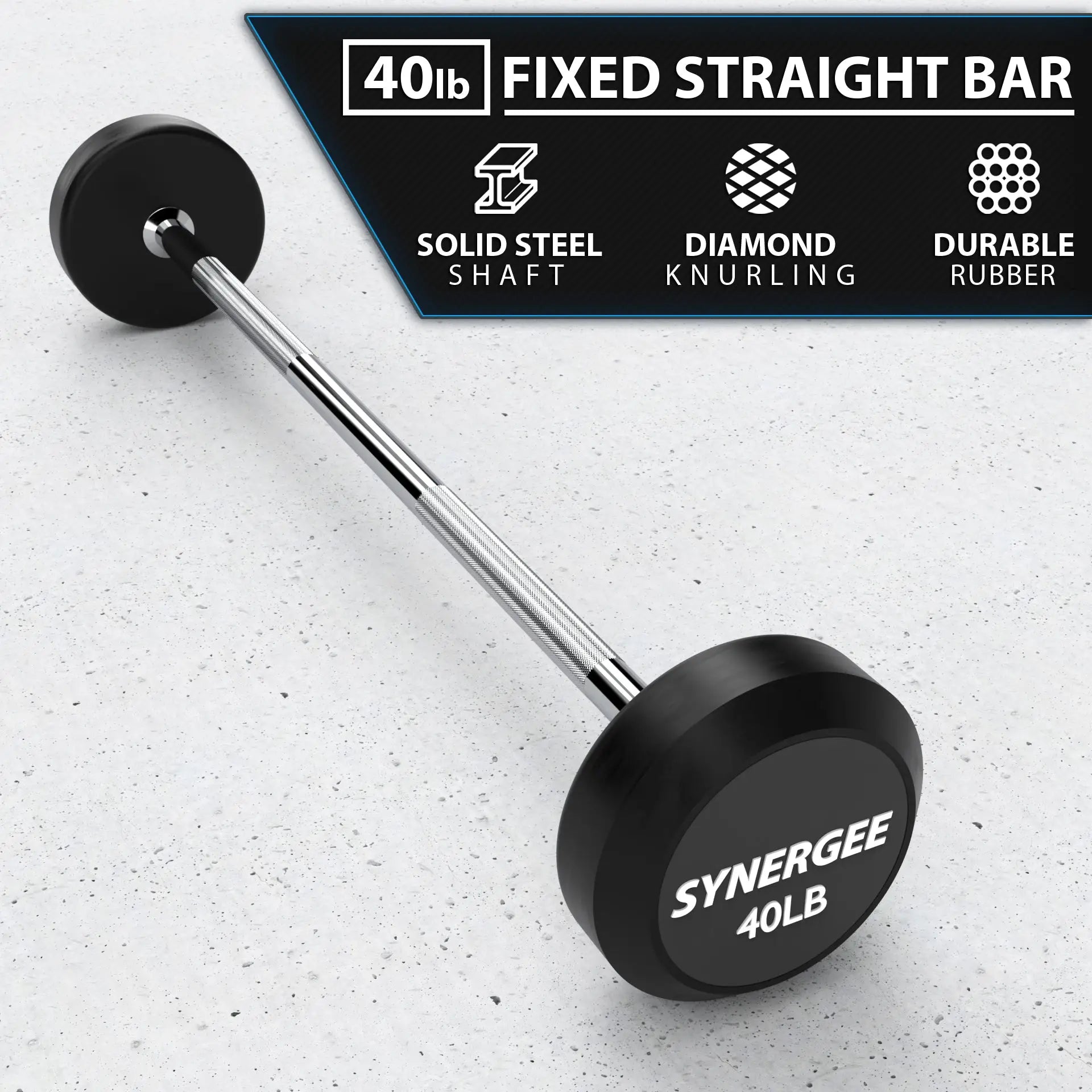 40lb fixed straight barbell with black rubber end caps, solid steel shaft, and diamond knurling grip on a concrete background.