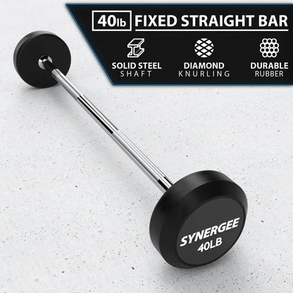 40lb fixed straight barbell with black rubber end caps, solid steel shaft, and diamond knurling grip on a concrete background.