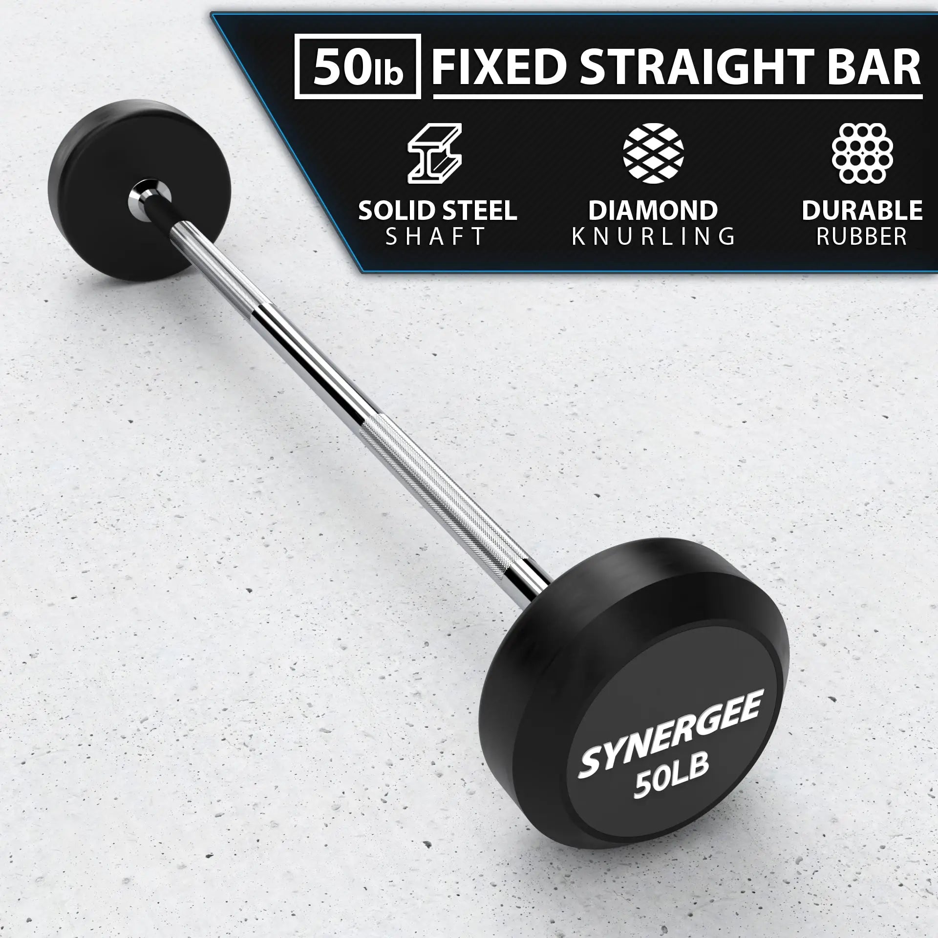 50lb fixed straight barbell with black rubber plates on each end and a chrome steel shaft with diamond knurling grip, displayed on a concrete surface.