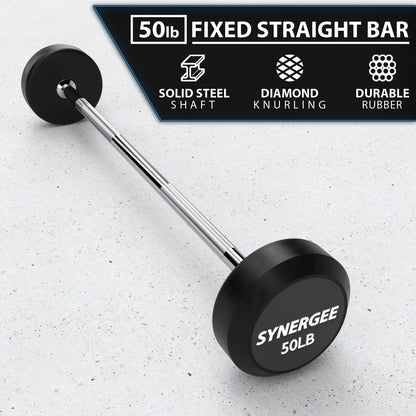 50lb fixed straight barbell with black rubber plates on each end and a chrome steel shaft with diamond knurling grip, displayed on a concrete surface.