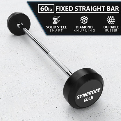 60lb fixed straight barbell with black rubber plates on each end and chrome steel shaft, displayed on a concrete surface.