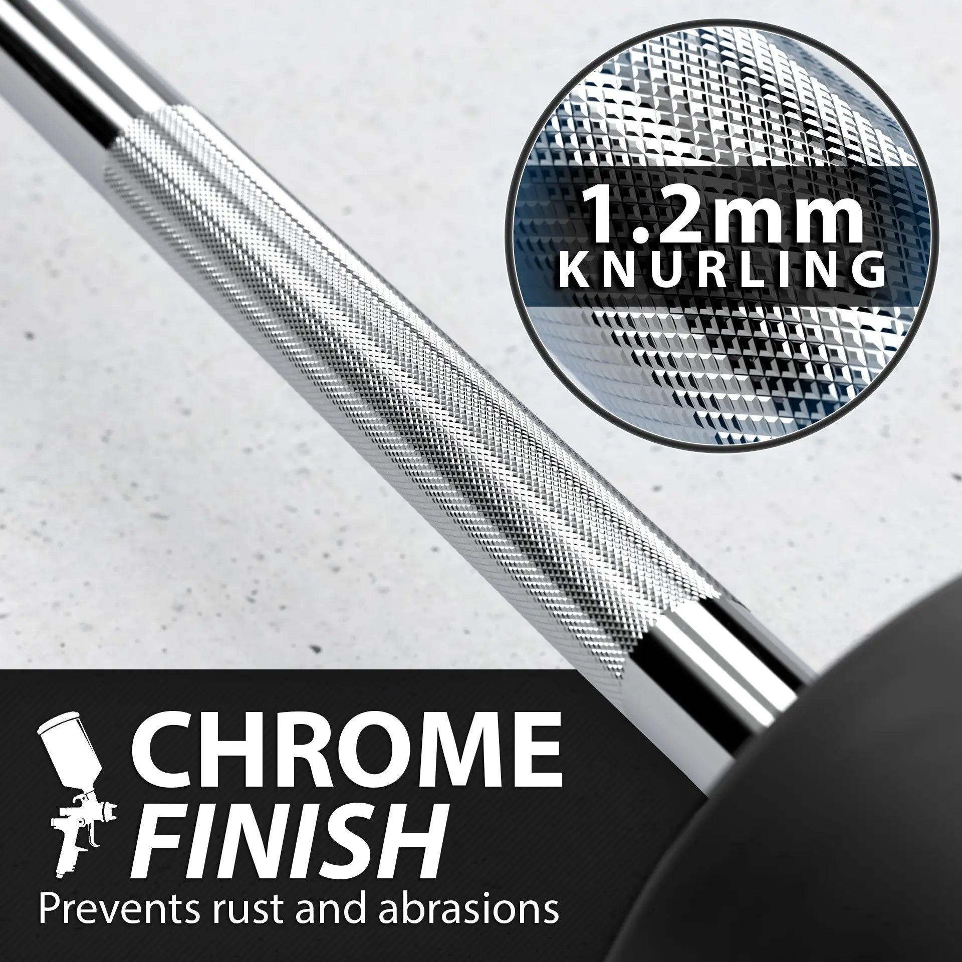 Chrome barbell with 1.2mm knurling grip texture shown in close-up detail against a white background. Magnified circular callout displays the crosshatch knurling pattern.