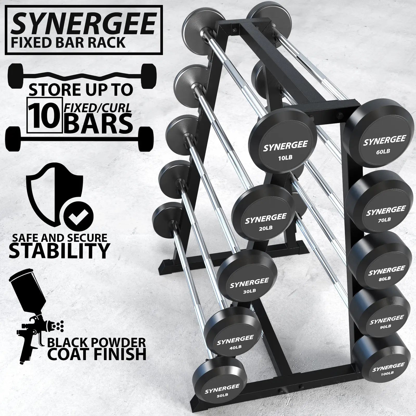Synergee fixed bar rack with black powder coat finish holding multiple dumbbells labeled 10LB through 100LB, featuring chrome uprights and black base for storage.