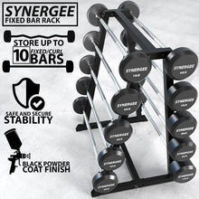 Synergee fixed bar rack with black powder coat finish holding multiple dumbbells labeled 10LB through 100LB, featuring chrome uprights and black base for storage.