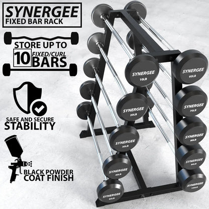Synergee fixed bar rack with black powder coat finish holding multiple dumbbells labeled 10LB through 100LB, featuring chrome uprights and black base for storage.