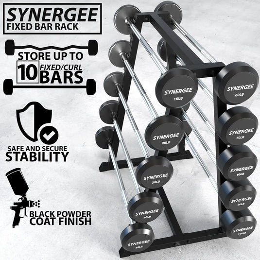 Synergee fixed bar rack with black powder coat finish holding multiple dumbbells labeled 10LB through 100LB, featuring chrome uprights and black base for storage.