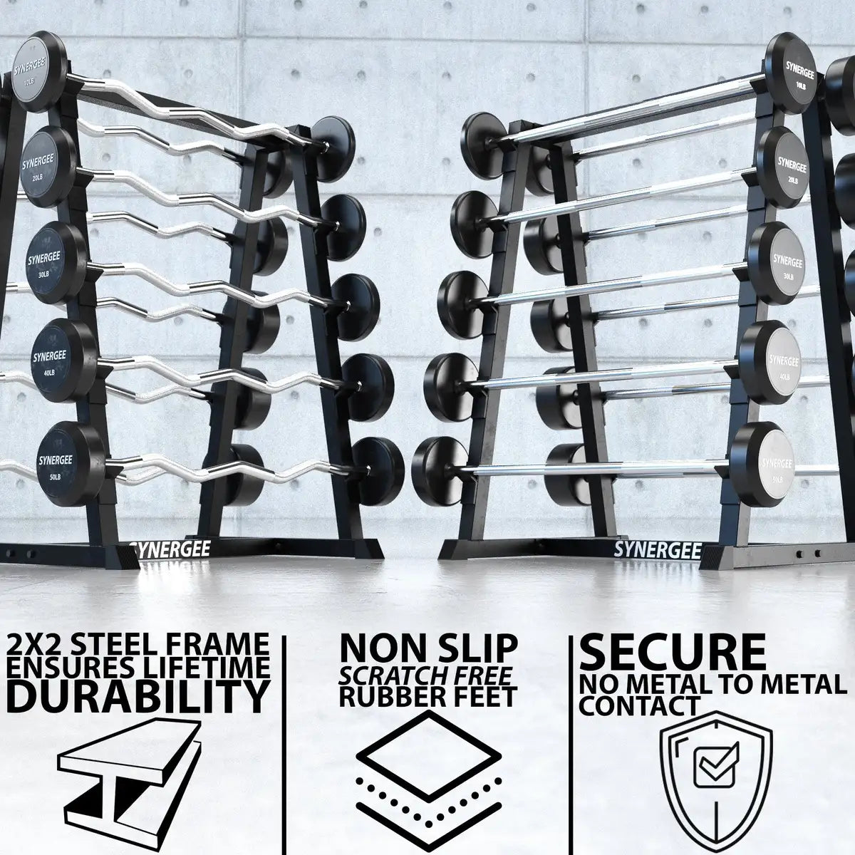 Two Synergee fixed barbell storage racks with black steel frames holding multiple barbells with curved and straight bars, displayed against a concrete wall. Feature callouts highlight steel frame durability, non-slip rubber feet, and secure metal-...