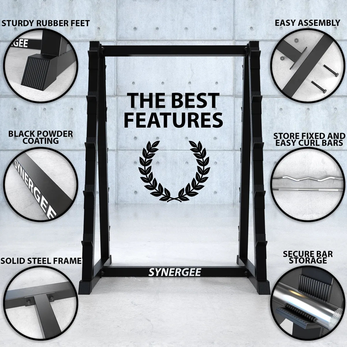 Black powder-coated steel barbell rack with solid frame construction shown against concrete wall background, featuring callout circles highlighting sturdy rubber feet, easy assembly, fixed and curl bar storage, and secure bar storage slots.