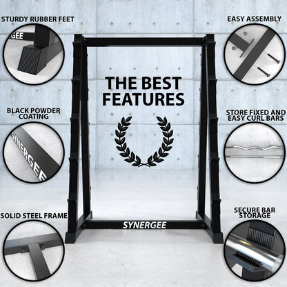 Black powder-coated steel barbell rack with solid frame construction shown against concrete wall background, featuring callout circles highlighting sturdy rubber feet, easy assembly, fixed and curl bar storage, and secure bar storage slots.