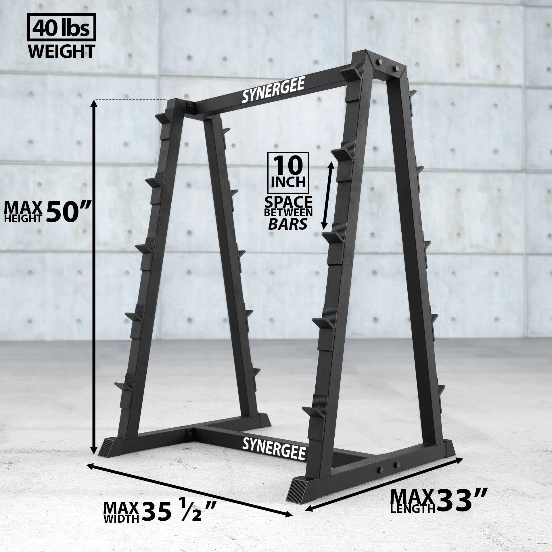 Black Synergee barbell storage rack with 50-inch maximum height, 10-inch spacing between bars, and 40 lbs weight capacity per shelf.