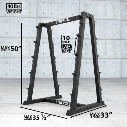 Black Synergee barbell storage rack with 50-inch maximum height, 10-inch spacing between bars, and 40 lbs weight capacity per shelf.