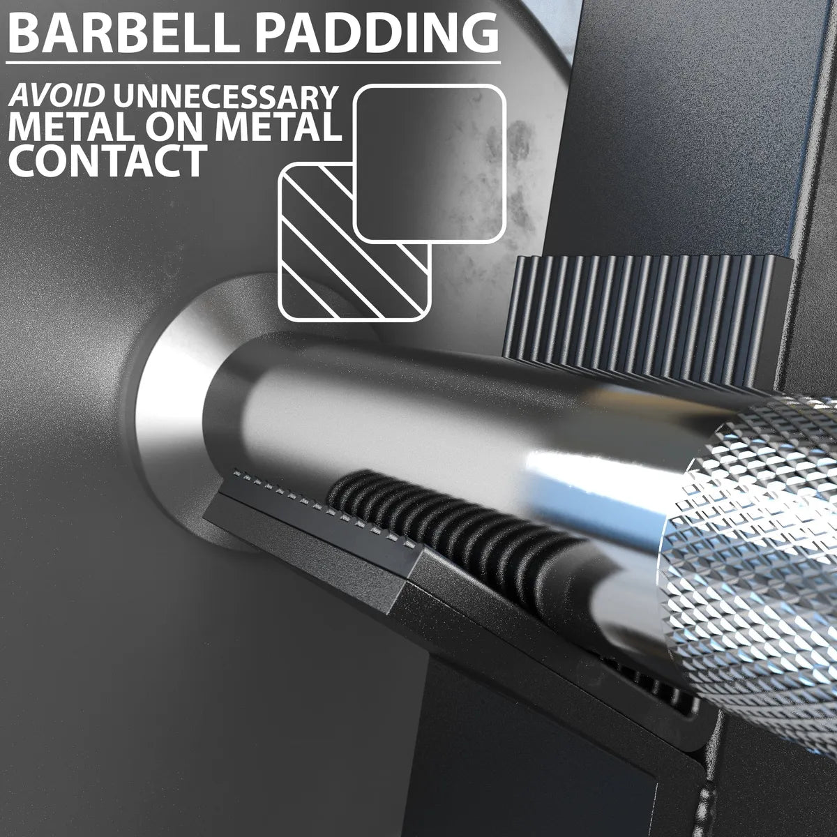 Barbell padding with black ribbed foam wrapping around a chrome barbell shaft, shown mounted on a storage rack with callout diagrams indicating the padding prevents metal-on-metal contact.