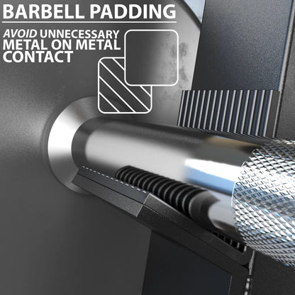 Barbell padding with black ribbed foam wrapping around a chrome barbell shaft, shown mounted on a storage rack with callout diagrams indicating the padding prevents metal-on-metal contact.