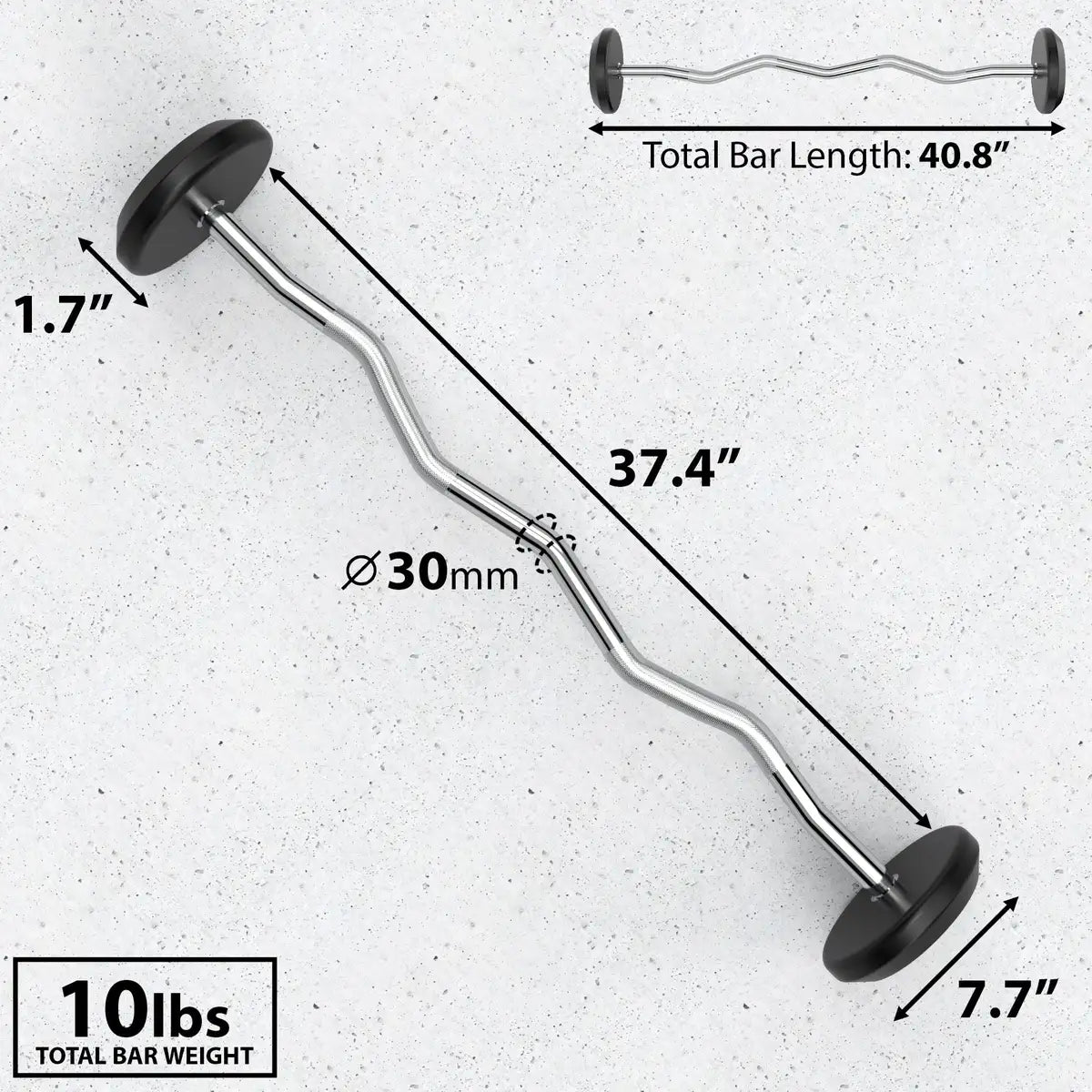 Curved barbell with black rubber-coated ends and chrome bar, labeled with total bar length 40.8 inches, bar diameter 30mm, and 10lbs total weight.