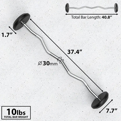 Curved barbell with black rubber-coated ends and chrome bar, labeled with total bar length 40.8 inches, bar diameter 30mm, and 10lbs total weight.