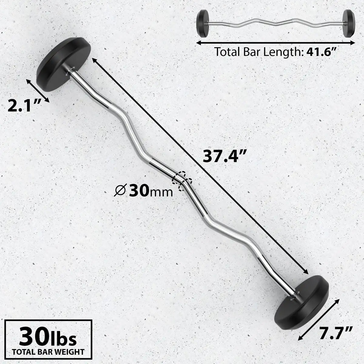 Curved barbell with black rubber-coated end plates on chrome steel bar, 30mm diameter grip, 41.6" total length, labeled 30lbs total weight with measurements showing 2.1" plate diameter and 37.4" bar length on concrete background.