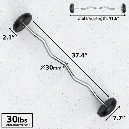 Curved barbell with black rubber-coated end plates on chrome steel bar, 30mm diameter grip, 41.6" total length, labeled 30lbs total weight with measurements showing 2.1" plate diameter and 37.4" bar length on concrete background.
