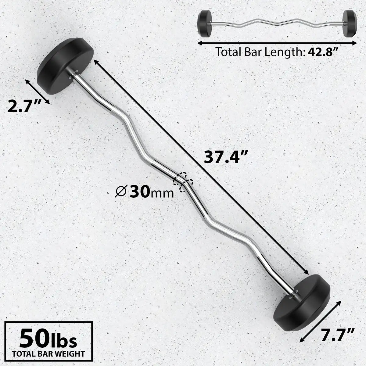Curved fixed-weight barbell with black rubber end caps and chrome bar, labeled 50 lbs total weight with measurements showing 42.8" total length and 30mm diameter.