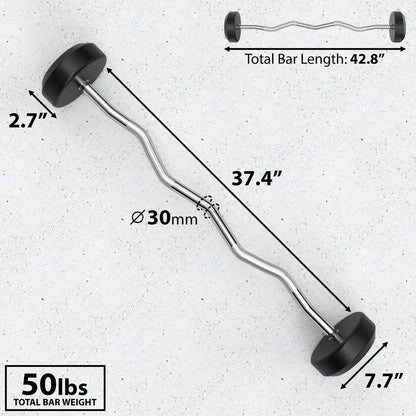 Curved fixed-weight barbell with black rubber end caps and chrome bar, labeled 50 lbs total weight with measurements showing 42.8" total length and 30mm diameter.