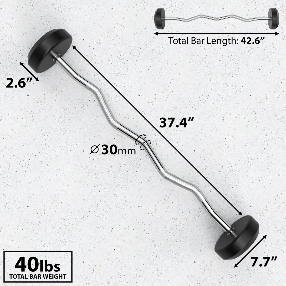 Fixed curl barbell with 30mm diameter chrome bar, black rubber plates on each end, and wavy grip sections. Total bar length 42.6 inches, weighs 40 lbs.